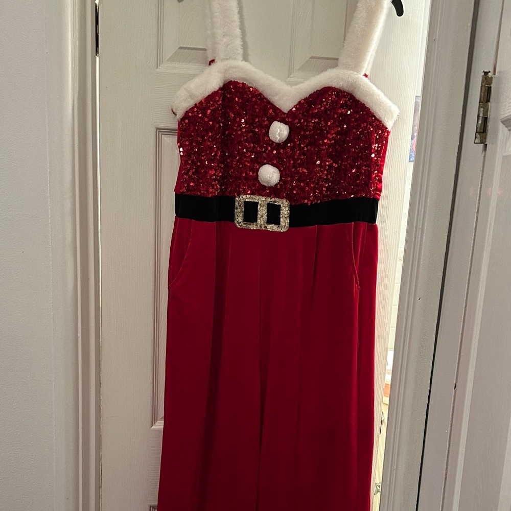 Red Santa jumpsuit with Faux Fur Trim